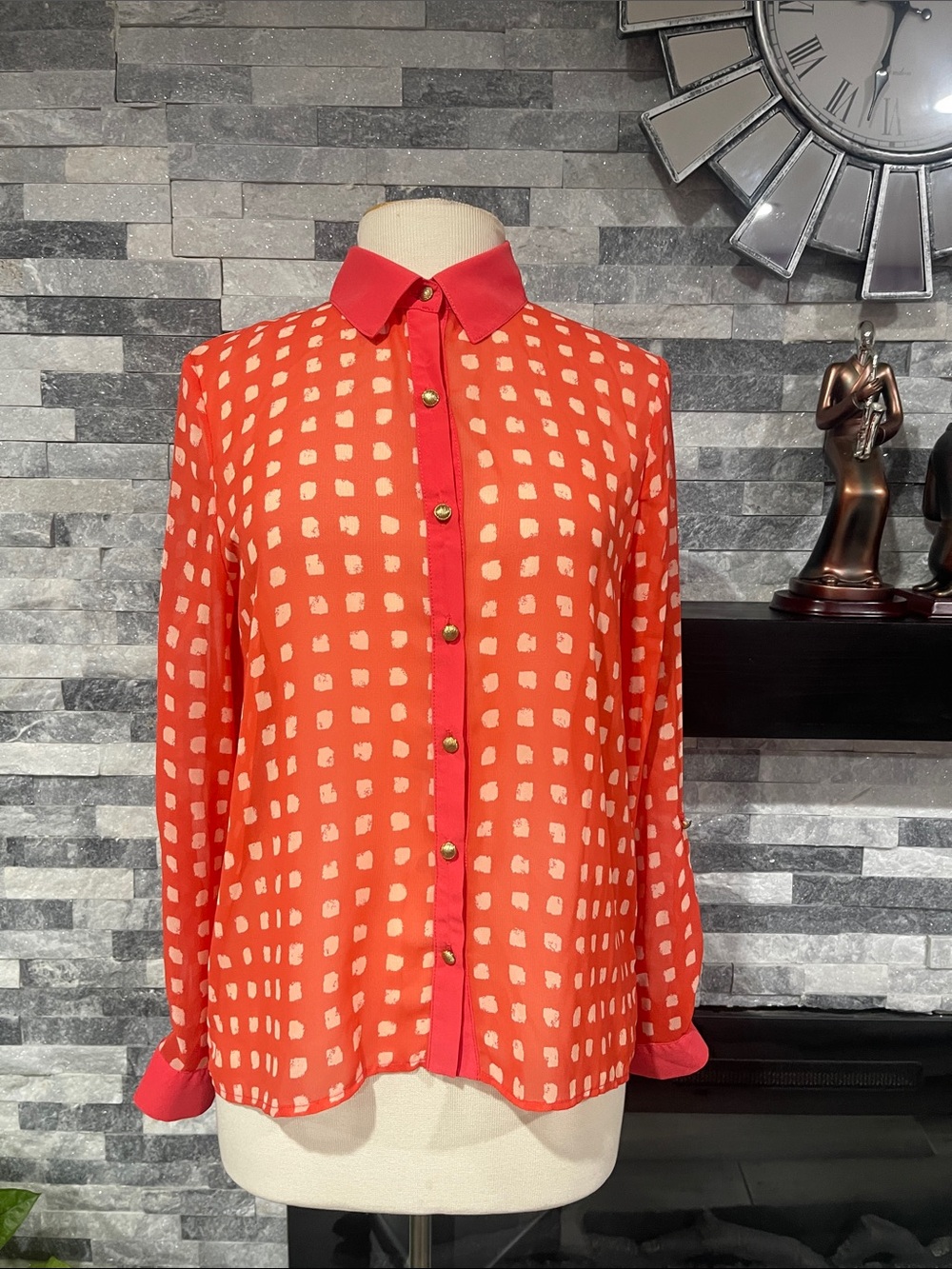 Forever 21 Long Roll Sleeves Button Down Chiffon Orange Size M